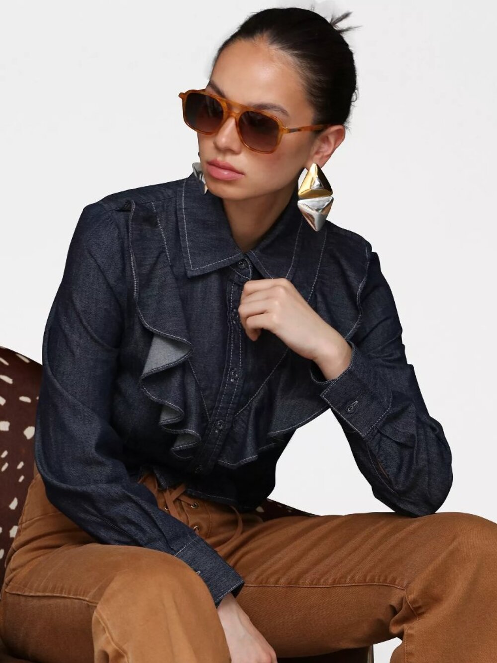 Avec Les Filles Ruffle Yoke Denim Button-Up Shirt Size XS NWT